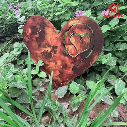 Marsrut Heart Garden Stake, Metal Garden Rusted Heart Pillar, Heart-Shaped Inserted Love Stakes for Use in ihe Plant Yard Garden, Made of Metal, 14Ga Thickness, Ony Heart, No Post Included