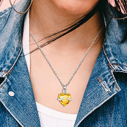 XIUDA Crystal Urn Necklace for Human Ashes Heart Birthstone Memorial Cremation Jewelry Ash Necklace for Women - color: Yellow