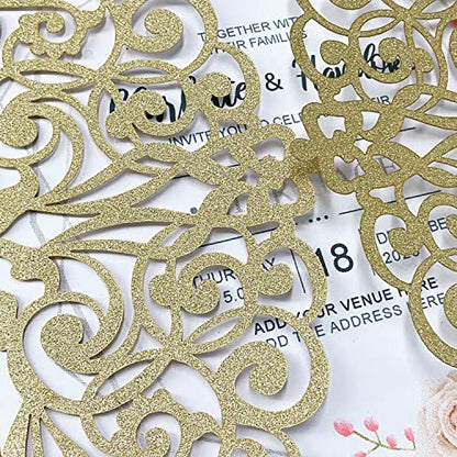 50Pcs Laser Cut Wedding Invitation With Glitter Envelopes And Ribbons Blank Personalized Card Invitaciones Para quinceañera Birthday Baby Shower Christmas Party Bridal Shower (Gold) - color: Gold