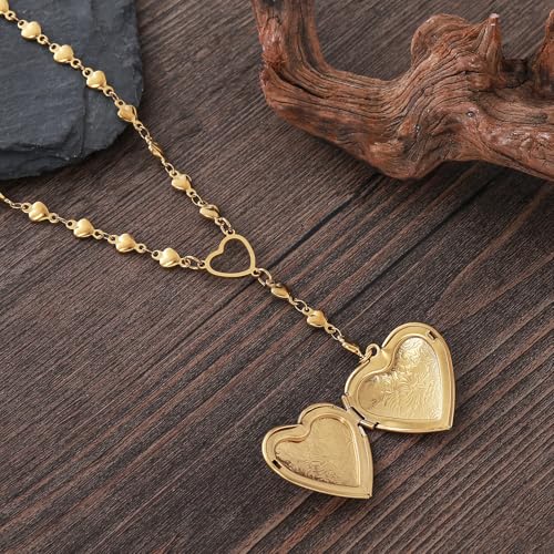 Personalized Heart Locket Necklace for Women Stainless Steel- Heart Necklace - color: Gold-E
