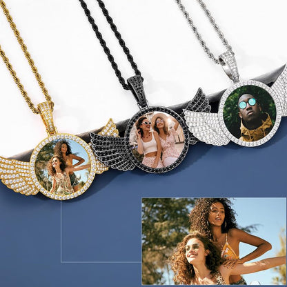 YIMERAIRE Customized Picture Necklace Personalized Circle Chain - color: 02 Black Angel Wing Blank Pendant