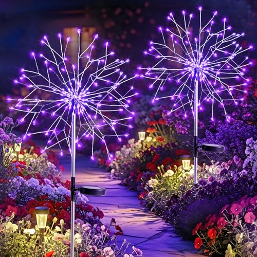 suddus 2 Pack Purple Halloween Lights Outdoor, 150LED Purple Solar Garden Lights with 8 Modes, Waterproof Solar Firework Light for Halloween Yard Garden Decorations - color: Purple Plus, size: 2 Pack