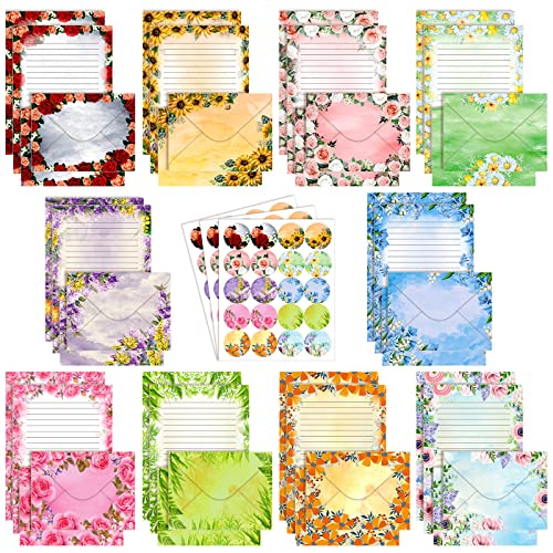 TaoBary 160 Pcs Flower Stationery Paper and Envelopes Set 50 Double Sided Lined Stationery Paper with 50 Matching Envelopes and 60 Round Dot Sticker 5.5 x 8.25'' Letter Writing Kit, 10design - size: 5.5 x 8.25 Inch, style: Flower