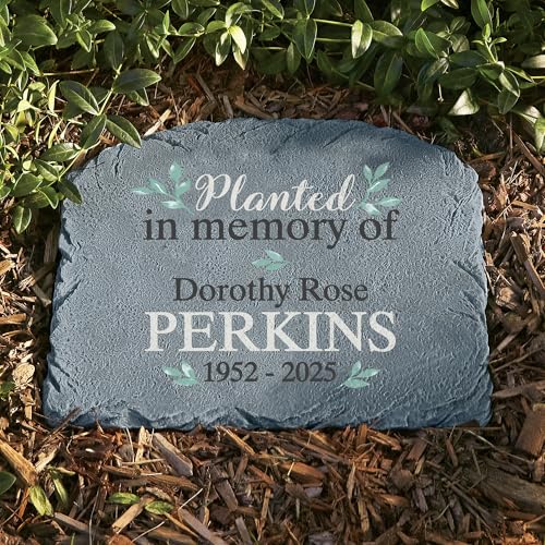 Let's Make Memories Personalized Memorial Garden Stone - Sympathy - Loss of Loved One - Grave Marker - Condolences - Indoor/Outdoor - Durable Resin - Planted in Love - style: Planted in Memory - Green Leaves