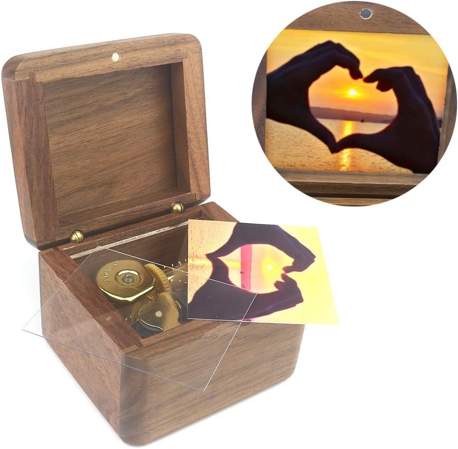 Sinzyo Natural Wooden Music Box with Customizable Photos Wind Up Musical Box Gifts for Christmas,Birthday and Valentine's Day(Simple Walnut, Tone:You are My Sunshine)