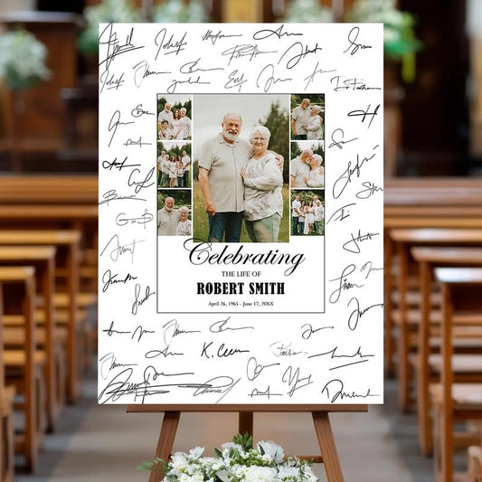"Celebrating The Life Of" Family Photo Collage Memorial Sign - Custom Funeral Remembrance Board with Multiple Photos|Guest Book Alternative - color: Design 9