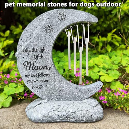 Pet Dog Memorial Stone Headstone Grave Marker with Windchimes | Pet Gravestone for Dog Lost, Moon Shape, Weatherproof, Handmade of Resin, Sympathy Pet Dog Cat Memorial Gifts Outdoor