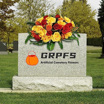Headstone Flower Saddle,Large Artificial Cemetery Flowers for Grave-Realistic Red & Yellow Rose Mix Arrangement,Outdoor Memorial Decorations,Durable & Easy Fit