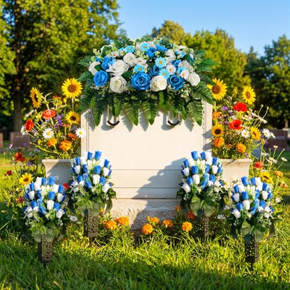 Giegxin 5 Set Artificial Cemetery Flowers for Grave, Headstone Flower Saddle Gravesite Decoration Roses Memorial Bouquets with Vase for Cemetery Decorations Non-Fading Easy Fit(Blue and White)