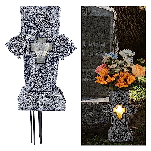 HUYIENO Solar Cemetery Vase with LED for Fresh/Artificial Flowers Grave Flower Cross Vase Headstones Vases with Spikes Gravestone Decor Memorial Gifts for Loss of Loved One - style: Large Cross