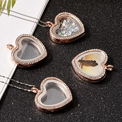 WANDIC Rhinestone Photo Charm, Rose Gold Heart Crystal Photo Pendant Bridal Wedding Bouquet Charms Living Floating Memory Locket for 2 Pictures - color: Rose Gold