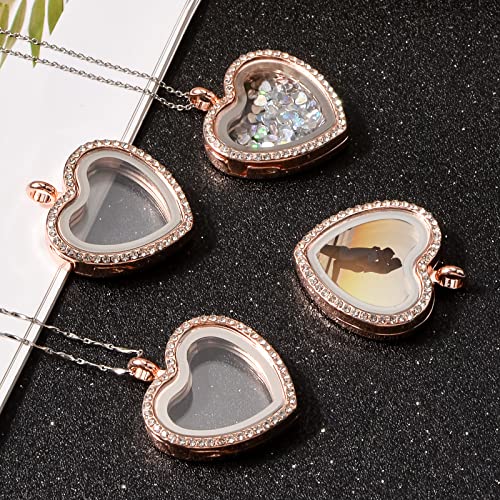 WANDIC Rhinestone Photo Charm, Rose Gold Heart Crystal Photo Pendant Bridal Wedding Bouquet Charms Living Floating Memory Locket for 2 Pictures - color: Rose Gold
