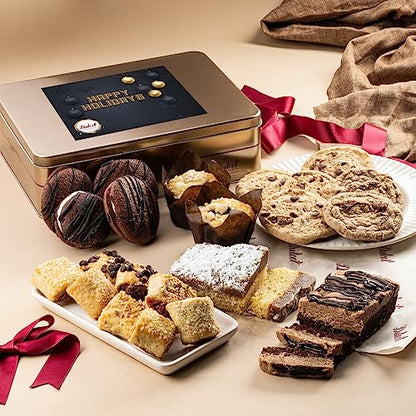 Dulcet Gift Basket Holiday Baked Goods Gift Box – Luxurious Gourmet Bakery Dessert Gift Tin Box with Whoopie Pies, Muffins, Cookies, Crumb Cake, Delicious Pastry for Girlfriend, Mom, Dad, Daughter, Him, and Her - color: Holiday