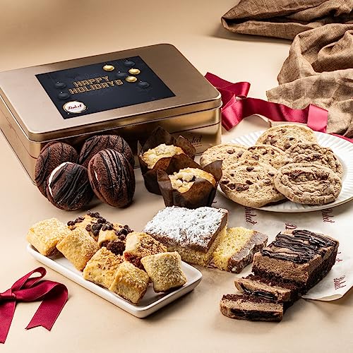 Dulcet Gift Basket Holiday Baked Goods Gift Box – Luxurious Gourmet Bakery Dessert Gift Tin Box with Whoopie Pies, Muffins, Cookies, Crumb Cake, Delicious Pastry for Girlfriend, Mom, Dad, Daughter, Him, and Her - color: Holiday