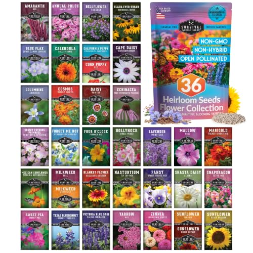 Flower Garden Seeds 36 Variety Kit - Heirloom Starter Pack | 36 Packs of Annual & Perennial Flowers for Planting – Wildflowers for Pollinators, Bees, Butterflies - Survival Garden Seeds