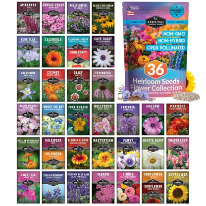 Flower Garden Seeds 36 Variety Kit - Heirloom Starter Pack | 36 Packs of Annual & Perennial Flowers for Planting – Wildflowers for Pollinators, Bees, Butterflies - Survival Garden Seeds