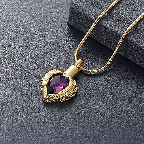 memorial jewelry Gold Angel Wings Glass Heart Urn Pet/Human Cremation Pendant Necklace Jewelry for Ashes - color: Purple