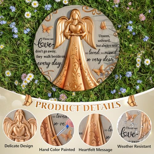 Bronze Angel Memorial Garden Stone with Plaque Stand and Sympathy Card, Mothers Day Outdoor Heartwarming Memorial Garden Stepping Stone, Sympathy Gift for Loss of Loved One, Pet & Family