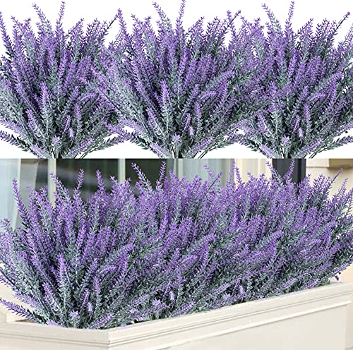 12 Pcs Artificial Lavender Fake Flowers Outdoors, Gray Purple | Realistic, faux plastic plants, UV resistant, for home wedding garden patio window table centerpieces indoor outdoor decor - color: Gray Purple, size: 12 Bundles