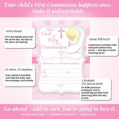 First Holy Communion Religious Party Invitations for Girls (Light Skin, Blond Hair), 20 5x7 Fill In Cards with Twenty White Envelopes by AmandaCreation - style: Light Skin, Blond Hair Girl
