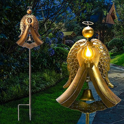 Homight Solar Garden Stake Light - Metal Angel Solar Warm Stake Light Memorial Gift - Outdoor Bronze Angel Bell Candle Prayer Metal Lamp - Waterproof Garden Lawn Patio Gift