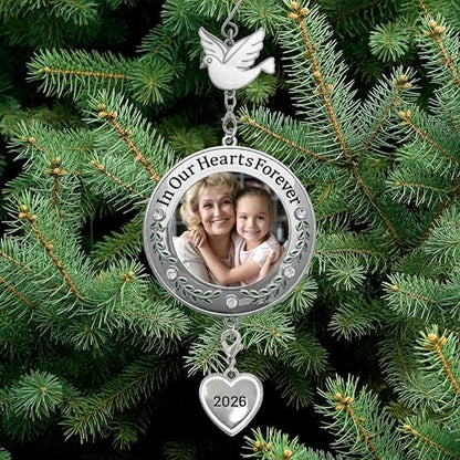 Memorial Christmas Photo Ornaments 2026, Set of 2 Remembrance Keepsakes with in Our Hearts Forever Sentiment, Clear Gems, Floral Accents, Dove Hooks and Gift Storage Bags, Holds 2 Inch Photos, 3 Inch - size: 2 Pack