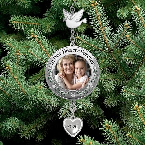 Memorial Christmas Photo Ornaments 2026, Set of 2 Remembrance Keepsakes with in Our Hearts Forever Sentiment, Clear Gems, Floral Accents, Dove Hooks and Gift Storage Bags, Holds 2 Inch Photos, 3 Inch - size: 2 Pack
