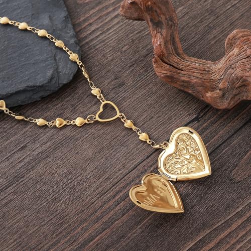 Personalized Heart Locket Necklace for Women Stainless Steel- Heart Necklace - color: Gold-G