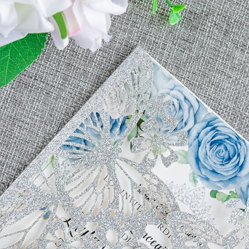 20 PCS 5.12x7.2 Butterfly Personalized Quinceanera Invitation, Customized XV Anos Laser Cut Invitation Cards with Envelopes (Silver Glitter Personalized) - color: 20 PCS Silver Glitter Personalized