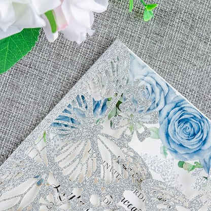 20 PCS 5.12x7.2 Butterfly Personalized Quinceanera Invitation, Customized XV Anos Laser Cut Invitation Cards with Envelopes (Silver Glitter Personalized) - color: 20 PCS Silver Glitter Personalized