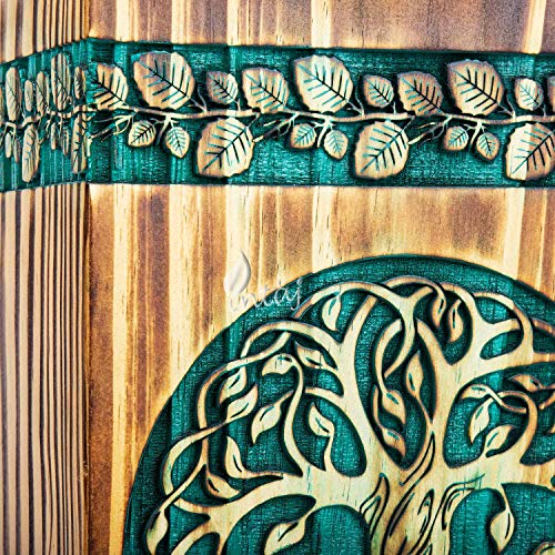 Wooden Cremation Urn for Human Ashes, 180 Cu in, Large, Teal & Gold | Hand-carved wood, teal over gold, screw-locked sliding base, engraving available, holds up to 180 lb - color: Teal & Gold, size: Medium - 9.5Hx5.5W (180 Cu/In)