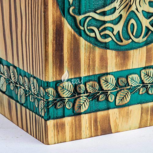 Wooden Cremation Urn for Human Ashes, 180 Cu in, Large, Teal & Gold | Hand-carved wood, teal over gold, screw-locked sliding base, engraving available, holds up to 180 lb - color: Teal & Gold, size: Medium - 9.5Hx5.5W (180 Cu/In)