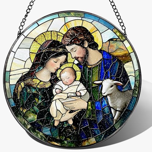 8-Inch Nativity Scene Stained Glass Suncatcher Ornament, Christian Stained Glass Window Hanging, Religious Ornament, Christmas Hanging Decor — Gifts for Christmas, Christian Gift, Religious Gift - color: Christian-a