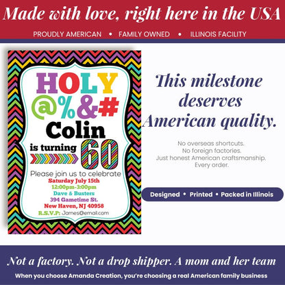 Custom Birthday Invitations 60th Birthday Invitation 20 5x7 Custom 60 Party Invitation Cards With Envelopes - Unique 60th Party Invitation Hilarious Holy &*$% Theme - style: Custom - 20 Pack