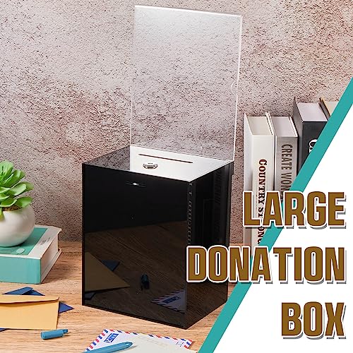 2 Pack Acrylic Donation Box with Lock Tall Tip Jars 8.2 x 6.7 x 5 In Suggestion Ballot Box with Sign Holder Large Locking Raffle Voting Container for Fundraising Ticket Collection(Black)
