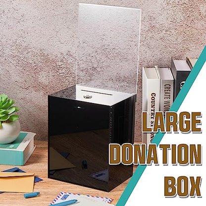 2 Pack Acrylic Donation Box with Lock Tall Tip Jars 8.2 x 6.7 x 5 In Suggestion Ballot Box with Sign Holder Large Locking Raffle Voting Container for Fundraising Ticket Collection(Black)