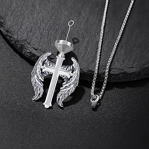 Aniu S925 Sterling Silver Urn Necklace Cremation Jewelry for Ashes - color: Cross Angel Wing-A