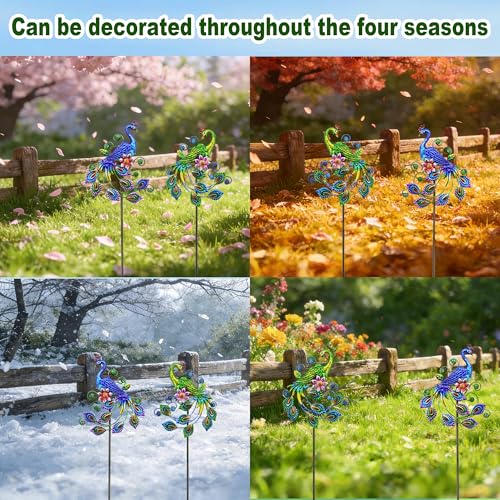2 Pack Peacock Metal Garden Stakes 29.5in Rustproof Yard Art Outdoor | UV-Protective Coating、Embossed Scrollwork、Outdoor Use、Artisan-Crafted、Timeless Elegance - color: Peacock Ground Stake