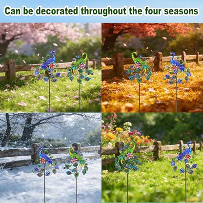 2 Pack Peacock Metal Garden Stakes 29.5in Rustproof Yard Art Outdoor | UV-Protective Coating、Embossed Scrollwork、Outdoor Use、Artisan-Crafted、Timeless Elegance - color: Peacock Ground Stake