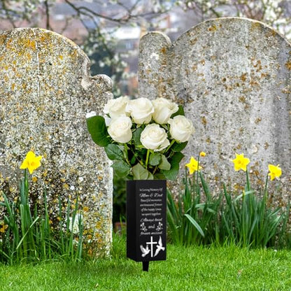 WEBEEDY Cemetery Vases Mom & Dad Memorial Vases Grave Flower Holder with Spike, White Dove Cross Cemetery Decorations for Grave Outdoor Yard, Memorial Gift for Mother Father Loss,1 pc (3x8 Inch)