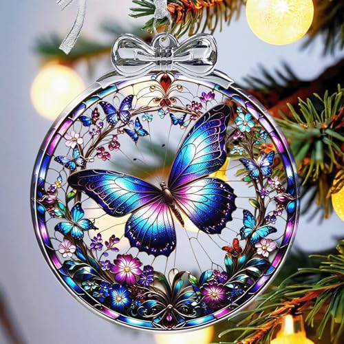Butterfly Christmas Ornament Crystal Glass Butterfly Decorations - Hanging Ornaments for Christmas Tree Xmas Decorations, Holiday Keepsake Present Exchange Ideas - color: Butterfly-01