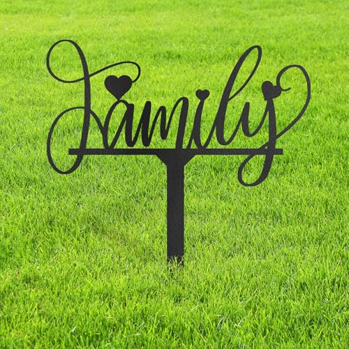Metal Family Sign Garden Stake Decorative, Script Lettering with Heart Accents Silhouette Statues for Yard Art, Outside, Patio, Outdoor Decor, Garden Decorations, Lawn Ornaments - 12" Black - color: STA05-2408-M05, size: 12" Black