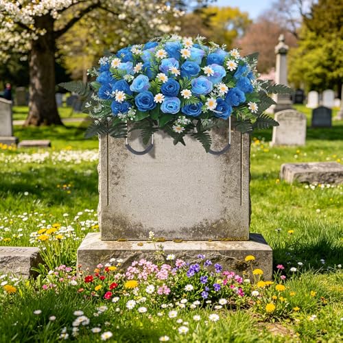 Wocst Headstone Flower Saddle,Large Artificial Cemetery Flowers for Grave Artificial Roses Daisy Saddle for Cemetery Headstone (Blue) - color: Blue