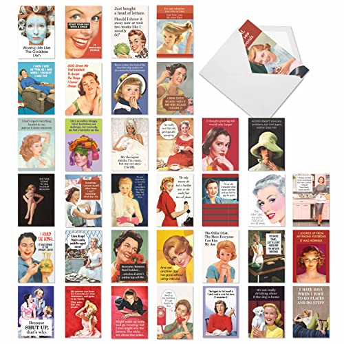 NobleWorks Vintage Femme Sassy Cards 36 Assorted Funny Birthday Cards, Mixed Vintage Retro Naughty Humor Women Bulk Box Set Envelopes (36 Designs, 1 Each) Ephemera Femme Festival AC9377BDG-B1x36 - style: Ephemera Femme Festival