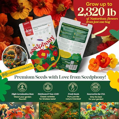 Seedphony Nasturtium Seeds Pack 4 oz - 700 Non-GMO Heirloom Nasturtium Seeds for Planting, Perennial Flowers in Waterproof Seed Packet, Wildflower Seeds for Planting Garden Indoor & Outdoor Gardening - size: Nasturtium 4oz, style: Nasturtium Flower Seeds