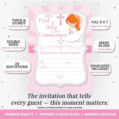 First Holy Communion Religious Party Invitations for Girls (Light Skin, Red Hair), 20 5x7 Fill In Cards with Twenty White Envelopes by AmandaCreation - style: Light Skin, Red Hair Girl