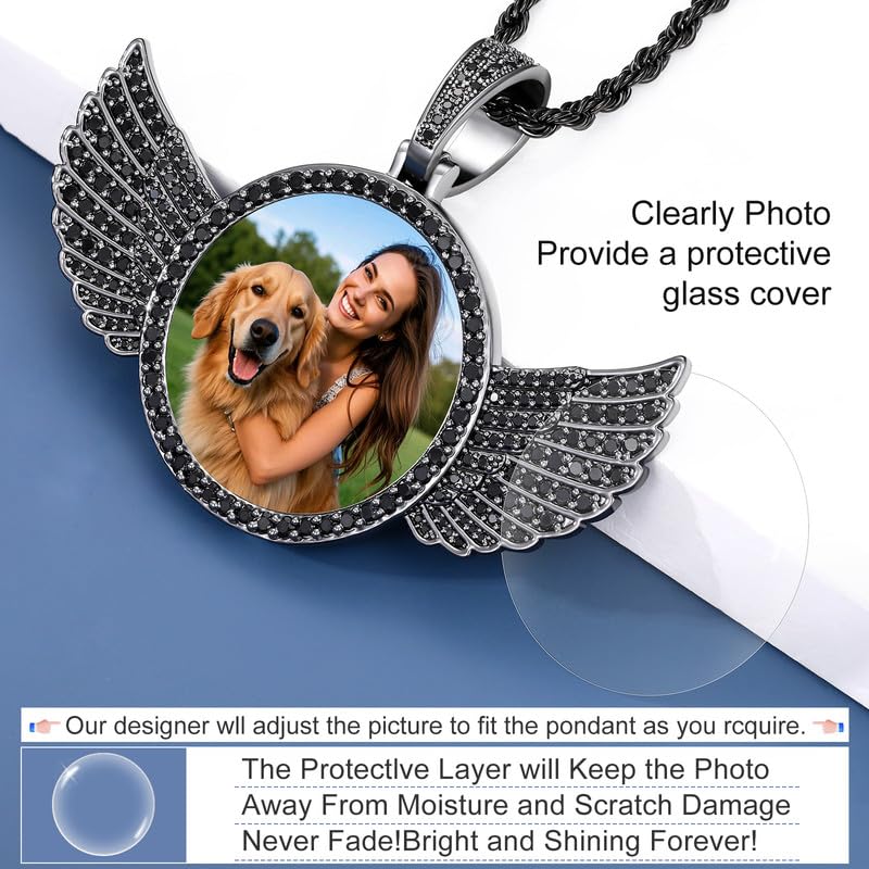 YIMERAIRE Customized Picture Necklace Personalized Circle Chain - color: 02 Black Angel Wing Blank Pendant