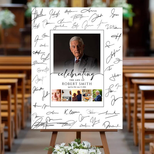 "Celebrating The Life Of" Photo Collage Memorial Sign - Custom Funeral Remembrance Board with Photos|Optional Guest Book Signature - color: Design 6