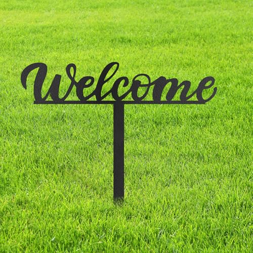 Metal Welcome Sign Decorative Garden Stake, Elegant Script Design Gifts Silhouette Statues for Yard Art, Outside, Patio, Outdoor Decor, Garden Decorations, Lawn Ornaments - 12" Black - color: STA01-2408-M01, size: 12" Black