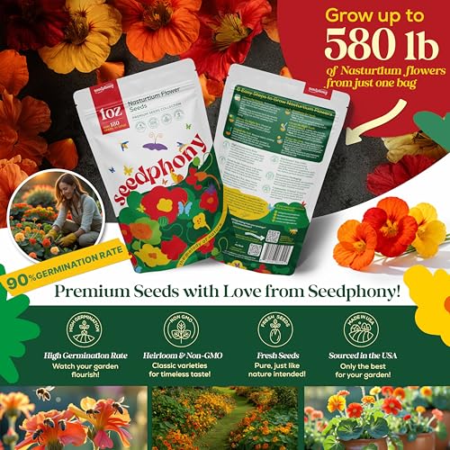 Seedphony Nasturtium Seeds Pack 1 oz - 180 Non-GMO Heirloom Nasturtium Seeds for Planting, Perennial Flowers in Waterproof Seed Packet, Wildflower Seeds for Planting Garden Indoor & Outdoor Gardening - size: Nasturtium 1oz, style: Nasturtium Flower Seeds